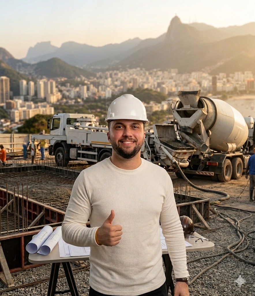 Thiago, especialista em concreto bombeado no Rio de Janeiro, em frente a caminhão betoneira com vista do Cristo Redentor